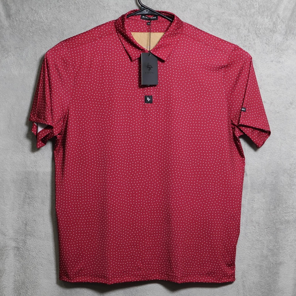 ByrdGang Polo Shirt Mens 2XL Red White Polka Dot Performance Golf Stretch Tech